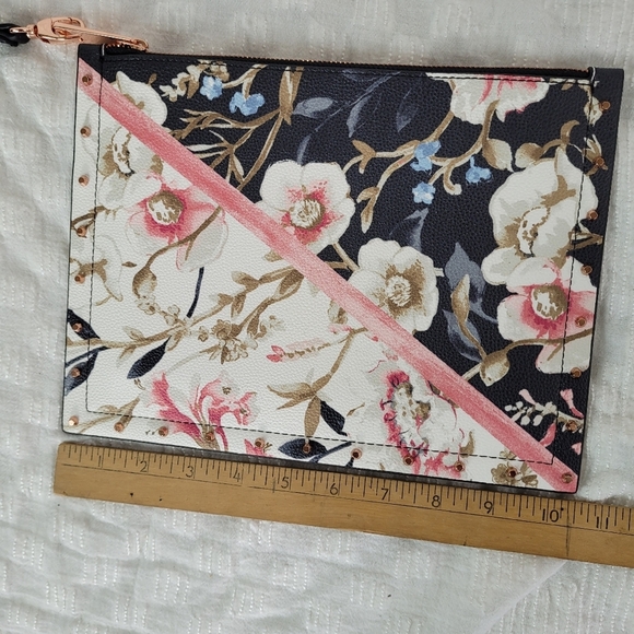 White House Black Market moody black floral flat clutch rose gold metal studs - Picture 6 of 10